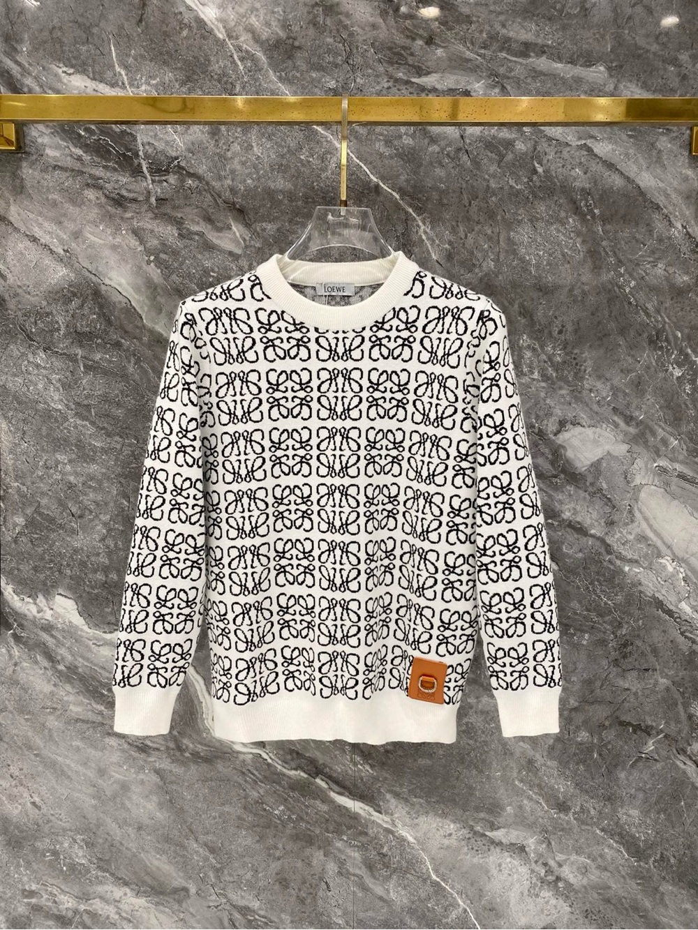 Loewe Black & White Anagram Knit Sweater with Tan Leather Patch